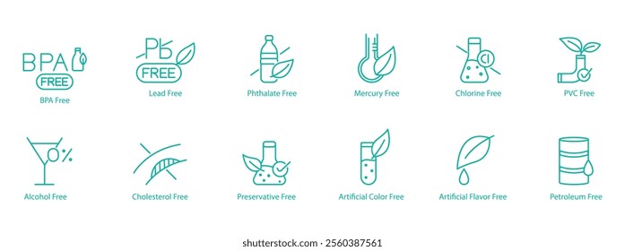 Comprehensive Chemical-Free Icon Set – BPA, Lead, Ethylate, Mercury, Chlorine, PVC, Alcohol, Cholesterol, Preservatives, Artificial Colors, Artificial Flavors, and Petroleum Free Vector Icons