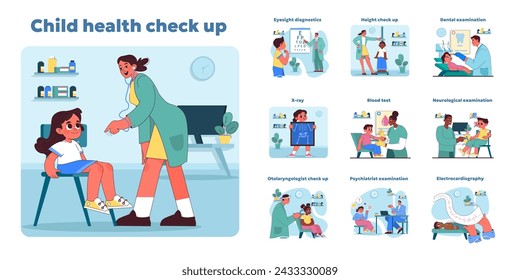 Comprehensive child health check up set. Pediatric care from dental to neurological assessments. Doctors conducting various medical examinations on young boys and girls. Vector illustration