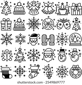 Comprehensive Christmas Icon Set, Festive Holiday Line Art Collection