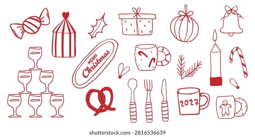 Comprehensive Christmas and New Year Doodle Elements: Hand-Drawn Red Line Art Icon Set for Holiday Party Graphics, Greetings, and Minimalist Designs
