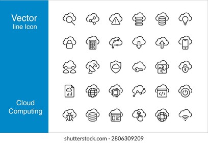 Comprehensive Cloud Computing And Digital Data Storage Vector Line Icon Set For Cloud Security Network Infrastructure File Hosting Online Backup And Web Technology Design