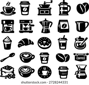 Comprehensive coffee and bakery icon set. Black and white vector illustrations of espresso machines, coffee cups, beans, and pastries