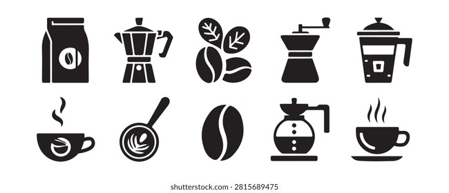 Comprehensive coffee making set with grinder packaging bag moka pot french press and top view cup art.