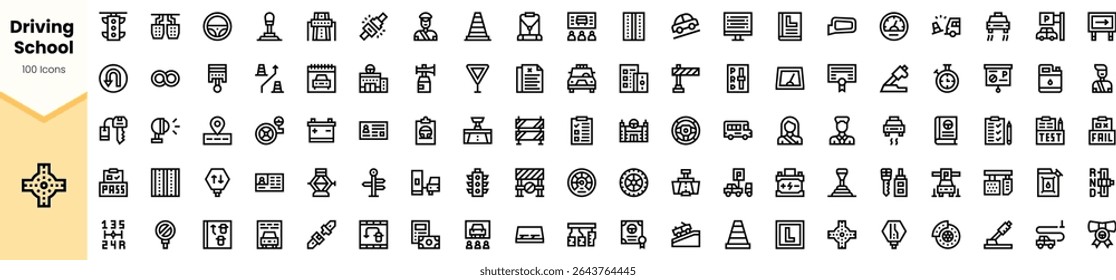 A comprehensive collection of 100 line icons representing various aspects of a driving school, including vehicles, traffic signs, and learning tools.