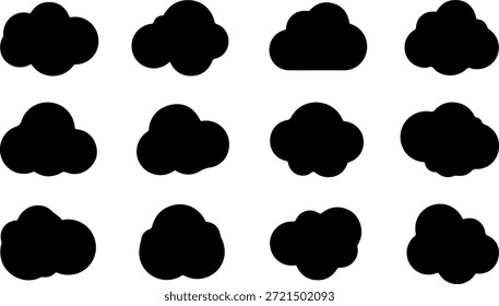 Una colección completa de 12 siluetas de nubes negras e íconos aislados sobre un fondo blanco. Estas Formas de Vector abstractas son perfectas para representar pronósticos de Clima, computación en la nube, almacenamiento de datos, Elementos de Diseño web, burbujas de voz o gráficos de interfaz UI UX simples.