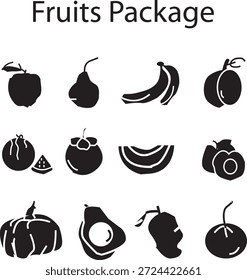 Uma coleção abrangente de 12 ícones de silhueta de frutas de alta qualidade projetado em um estilo limpo e minimalista. Este conjunto inclui frutas populares como maçã, pera, banana, ameixa, melancia, mangostão, fatia de melão, damasco, abóbora, abacate, manga e cereja. Perfeito para marca de alimentos saudáveis, menus de restaurante, embalagem de suco, aplicativos de receita e sinalização de mercearia.