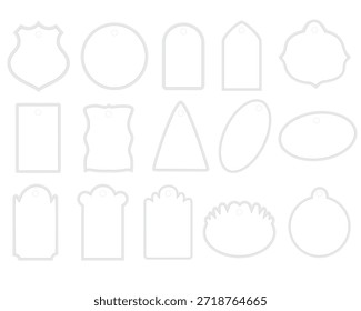 Una colección completa de 15 Formas blancas en blanco con contornos grises limpios y sutiles bordes punteados. Este juego de Vectores incluye una variedad de diseños geométricos y decorativos como círculos, rectángulos, escudos y óvalos, cada uno con un orificio precortado para colgar. Perfecto para el Precios de productos, empaques de marcas, etiquetas de regalo, pegatinas organizativas o Elementos digitales de scrapbooking sobre un fondo blanco limpio.