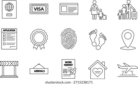 Una colección completa de 15 iconos profesionales de vectores de línea delgada centrados en la inmigración, los viajes internacionales y la reubicación global. Este conjunto incluye símbolos esenciales para el proceso de migración, como un pasaporte, un sello de visado, un documento de permiso de trabajo y la toma de huellas biométricas. También ilustra el lado humano de los viajes con íconos para las familias, el equipaje y el "hogar", lo que lo hace ideal para servicios legales, Sitios web gubernamentales, agencias de viajes y contenido editorial con respecto a la ciudadanía y la seguridad fronteriza.