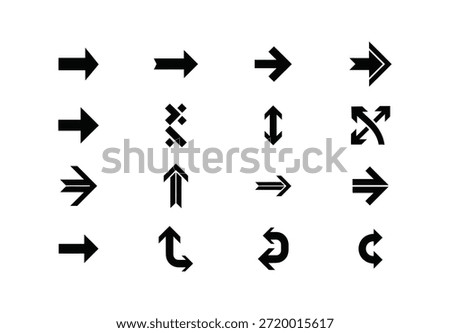A comprehensive collection of 16 black arrow icons presented in a grid on a white background. The set includes a variety of designs, such as simple directional arrows pointing right, double-headed arrows for vertical resizing or movement, curved arrows indicating undo or redo actions, and more complex arrows for expansion or sorting. These minimalist symbols are suitable for use in user interfaces, web design, and digital applications to guide users or represent different functions and directions.