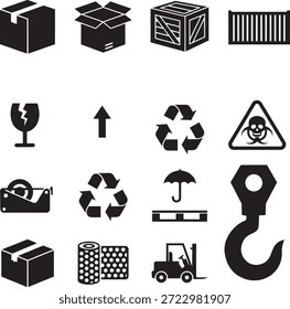 A comprehensive collection of 16 black silhouette icons related to the shipping logistics and warehouse industry. The set includes various packaging types such as cardboard boxes wooden crates and shipping containers. It also features handling symbols like fragile glass keep upright arrow and protect from rain umbrella plus industrial equipment including a forklift crane hook and tape dispenser. Perfect for infographics web design and industrial manuals.