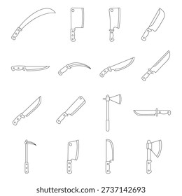 A comprehensive collection of 16 knife and axe illustrations in a clean black and white line art style. This set includes various types of blades such as kitchen cleavers, survival knives, machetes, pocket knives, and tactical axes. Perfect for icons, web design, infographics, and craft projects.
