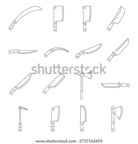 A comprehensive collection of 16 knife and axe illustrations in a clean black and white line art style. This set includes various types of blades such as kitchen cleavers, survival knives, machetes, pocket knives, and tactical axes. Perfect for icons, web design, infographics, and craft projects.