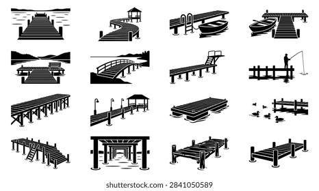 Comprehensive collection of 16 monochrome dock and pier icons. Features include floating platforms, boardwalks with gazebos, curved bridges, and lakeside scenery with silhouettes of boats and wildlife.