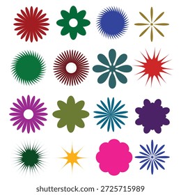 Eine umfassende Kollektion von 16 einzigartigen minimalistischen flachen Vektorblumen und abstrakten geometrischen Blumenformen. Mit verschiedenen Stilen, darunter Sonnenaufgänge, Sterne und Bio-Blüten in lebhaften Farben. Perfekt für Logo-Design, Muster, Branding und dekorative Elemente.
