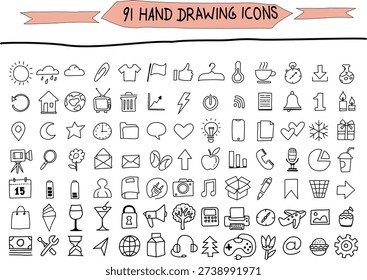 A comprehensive collection of 160+ hand-drawn vector icons featuring various symbols for business, technology, communication, nature, and daily activities in a minimalist doodle style.