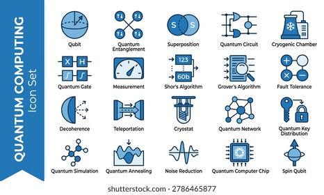 A comprehensive collection of 20 flat blue vector icons representing key concepts in quantum computing, including hardware, algorithms, and physical phenomena.