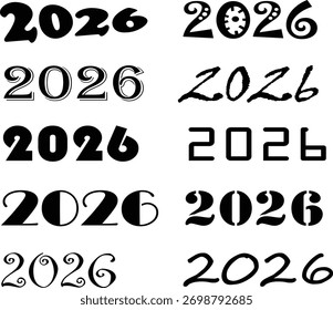 A comprehensive collection of 2026 year numbers presented in various black font styles and unique designs