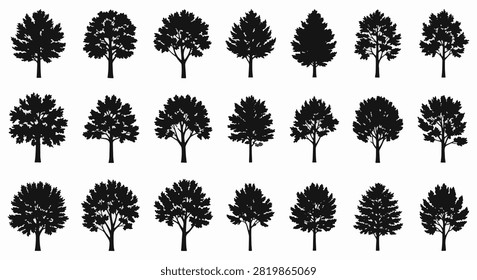 Comprehensive collection of 21 black tree silhouettes featuring diverse deciduous and coniferous species, arranged in a grid pattern on a clean white background for design use.