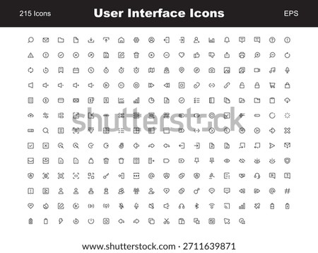 A comprehensive collection of 215 minimalist black outline User Interface (UI) icons for web, mobile apps, and graphic design. Covers common categories like navigation, media controls, etc
