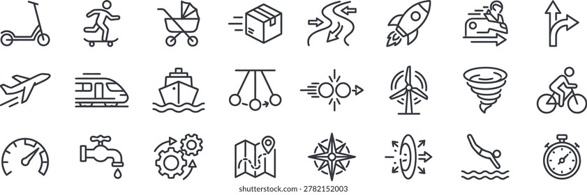 A comprehensive collection of 24 black and white outline vector icons illustrating concepts of motion, movement, and physics. The set features modes of transportation and speed like a rocket, airplane, train, ship, bicycle, skateboard, scooter, and delivery box; physical forces and dynamics such as momentum, collision, wind turbine energy, tornado, and pendulum; and navigational or tracking elements including a map, compass, stopwatch, and directional arrows.
