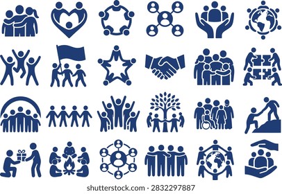 A comprehensive collection of 24 blue vector icons representing community, family, teamwork, unity, social support, inclusion, charity, global connection, friendship, environmental care, and humanitarian assistance.