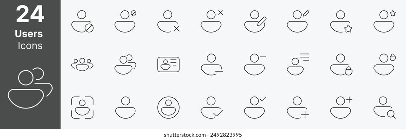 Una completa colección de 24 iconos de usuario editables, con diversas personas de usuario, roles y acciones, ideal para proyectos de diseño de Web y App