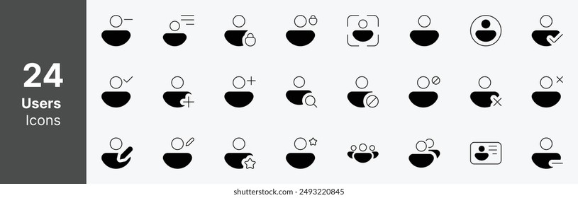 Una completa colección de 24 iconos de usuario editables, con diversas personas de usuario, roles y acciones, ideal para proyectos de diseño de Web y App