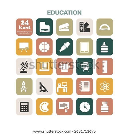 A comprehensive collection of 24 flat design education icons covering various aspects of learning schooling and academic subjects ideal for digital and print media projects
