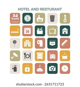 
Comprehensive collection of 24 hotel and restaurant icons, featuring essential services, amenities, and hospitality related items, ideal for tourism and food service designs