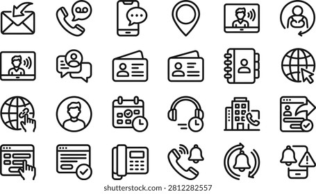 A comprehensive collection of 24 minimalist, blue line art communication and business contact icons set against a clean white background. This versatile vector set features essential user interface symbols including envelopes, telephones, smartphones, location pins, video calling, user profiles, chat bubbles, ID cards, address books, global networks, calendars, support headsets, office buildings, and notification bells. Perfect for web design, mobile application development, UI,UX layouts, and corporate marketing materials that require clean, modern visual navigation.

#CommunicationIcons #ContactUs #VectorIcons #UIUXDesign #LineArtIcons #BusinessIcons #WebDesign #CustomerSupport #MinimalistDesign #GraphicAssets