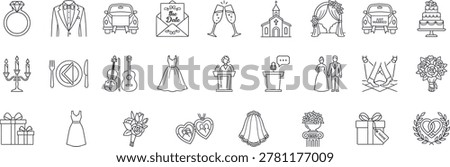 A comprehensive collection of 24 minimalist line icons centered on wedding celebrations and marriage ceremonies. This professional set includes illustrations of engagement rings, wedding dresses, tuxedos, church venues, floral arches, multi-tiered cakes, champagne toasts, and 