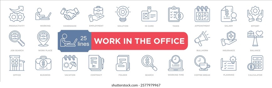 A comprehensive collection of 25 line art icons representing various workplace and office-related tasks, ideal for illustrations conveying business concepts, organization, and efficiency in modern wor