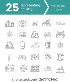 Una colección completa de 25 iconos vectoriales que muestran varias industrias, incluida la manufactura, la tecnología y los servicios. Perfecto para presentaciones de negocios y diseño industrial.