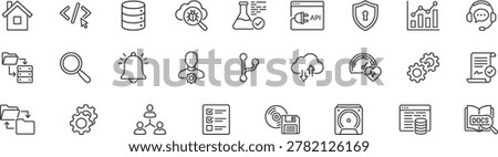 A comprehensive collection of 26 vector line icons representing software development, programming, and IT infrastructure. The set features technical illustrations covering the entire development lifecycle, including coding, database management, cloud computing, bug testing, API integration, data security, system diagnostics, version control git branching, data migration, software documentation, and customer support. Perfect for tech websites, software engineering blogs, SaaS platforms, and developer applications.
