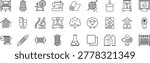 A comprehensive collection of 27 minimalist outline icons representing the textile industry, fabric engineering, and garment manufacturing. This set features high-quality symbols for industrial weaving looms, spinning wheels, sewing machines, yarn spools, chemical dyeing processes, fabric testing, and raw materials like cotton and wool. Ideal for textile manufacturing websites, fashion engineering infographics, industrial factory presentations, and apparel production manuals.