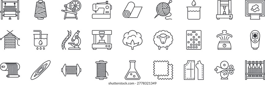 A comprehensive collection of 27 minimalist outline icons representing the textile industry, fabric engineering, and garment manufacturing. This set features high-quality symbols for industrial weaving looms, spinning wheels, sewing machines, yarn spools, chemical dyeing processes, fabric testing, and raw materials like cotton and wool. Ideal for textile manufacturing websites, fashion engineering infographics, industrial factory presentations, and apparel production manuals.