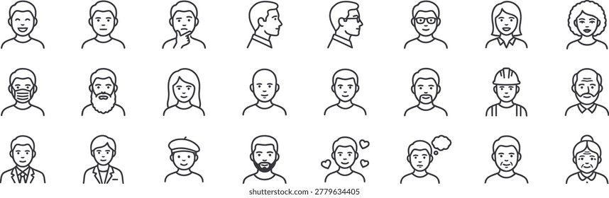 A comprehensive collection of 27 minimalist thin-line icons featuring diverse human avatars and user profiles. This set includes various genders, ages, and styles, such as professionals in suits, characters with beards, elderly individuals, people wearing glasses, masks, or hats, and profile views.