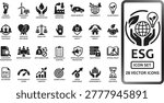 Comprehensive collection of 28 environmental, social, and governance icons. Features symbols for green energy, human rights, and business ethics. Ideal for corporate sustainability reports, investor presentations, and social responsibility websites. Clean black flat design on white background.