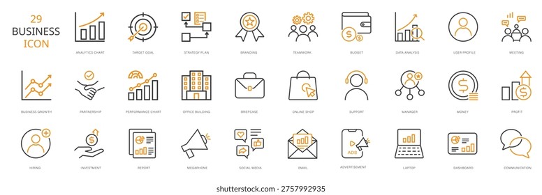 A comprehensive collection of 29 modern business icons, featuring diverse concepts for analytics, finance, marketing, strategy, and more in a clean line art style.