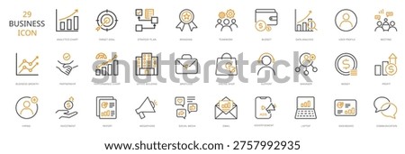 A comprehensive collection of 29 modern business icons, featuring diverse concepts for analytics, finance, marketing, strategy, and more in a clean line art style.
