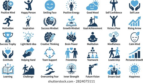 A comprehensive collection of 30 flat vector icons representing personal development, success, mindset, leadership, and well-being, isolated on white background.
