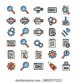 A comprehensive collection of 30 flat-style icons focused on SEO and digital marketing concepts. The set includes various symbols such as magnifying glasses for search, gears for optimization, documents for content, and browser windows for web analysis. Each icon is designed with a consistent color palette of blue and orange with bold outlines, making them ideal for web design, presentations, and marketing materials.