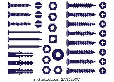 Comprehensive collection of 30 meticulously designed fasteners and mechanical screws in deep navy blue and white contrast for technical diagrams, engineering illustrations, and branding materials