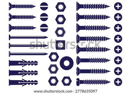 Comprehensive collection of 30 meticulously designed fasteners and mechanical screws in deep navy blue and white contrast for technical diagrams, engineering illustrations, and branding materials