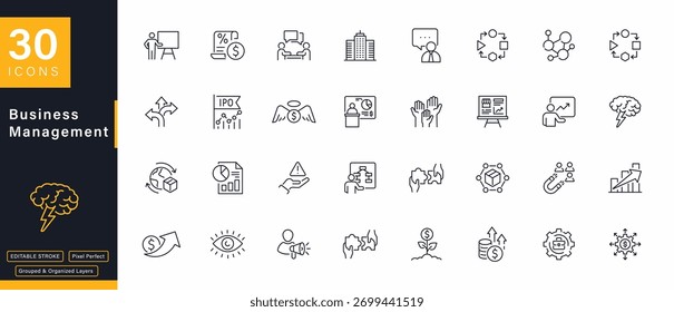 A comprehensive collection of 30 pixel-perfect line icons representing various business and management concepts. Ideal for presentations, websites, and apps. Includes finance, strategy.