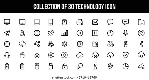 A comprehensive collection of 30 technology icons, presented in a clean line art style on a white background. This set includes essential tech symbols.