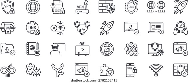 A comprehensive collection of 32 black and white outline vector icons focused on VPN (Virtual Private Network), cyber security, and data privacy. The set features cryptographic encryption concepts like secure tunnels, locks, firewalls, and shielded servers alongside internet configuration elements including DNS leak protection, IP switching, and proxy routers. It also includes cybersecurity utility themes such as ad blocking, malware protection, anonymous browsing, unlimited bandwidth, game ping acceleration, and cross-platform browser extensions.