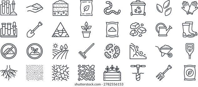 A comprehensive collection of 32 linear vector icons focused on soil analysis, agriculture, and gardening. The set includes modern line illustrations for soil testing (pH meter, test tubes), compost and fertilizer bags, earthworms, bacteria, plant roots, erosion, soil textures (sand, clay, loam), and essential farming tools like a shovel, rake, wheelbarrow, watering can, and boots. Perfect for environmental science, agronomy apps, farming infographics, and garden design elements.