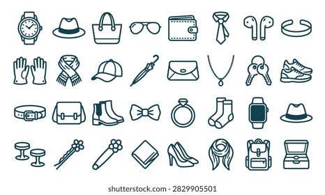 A comprehensive collection of 32 professionally designed line icons representing a wide variety of modern fashion accessories and personal items. This set includes headwear, footwear, bags, jewelry, and electronic gadgets like smartwatches and wireless earbuds, all rendered in a clean and minimal outline style suitable for e-commerce, lifestyle blogs, and retail applications.