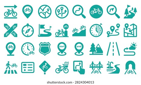 Comprehensive collection of 32 teal vector icons for cycling and navigation, including bicycles, map pins, GPS tracking, compasses, mountain trails, road signs, and travel routes.